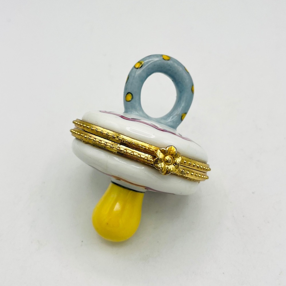 Porcelain Baby Pacifier Trinket Box Hand Painted Blue Pink Yellow